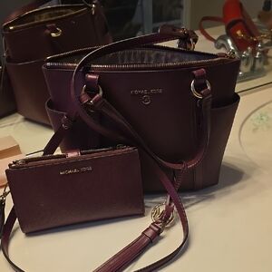 Michael Kors Plum Leather Crossbody Tote with Matching Wristlet